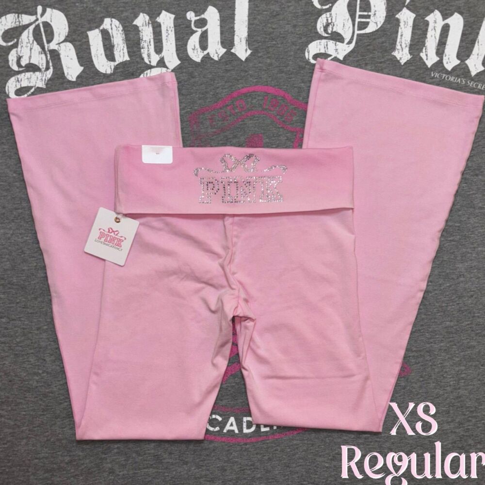 PINK x LoveShackFancy Light Pink Rhinestone Bling Foldover Flare Leggings XS